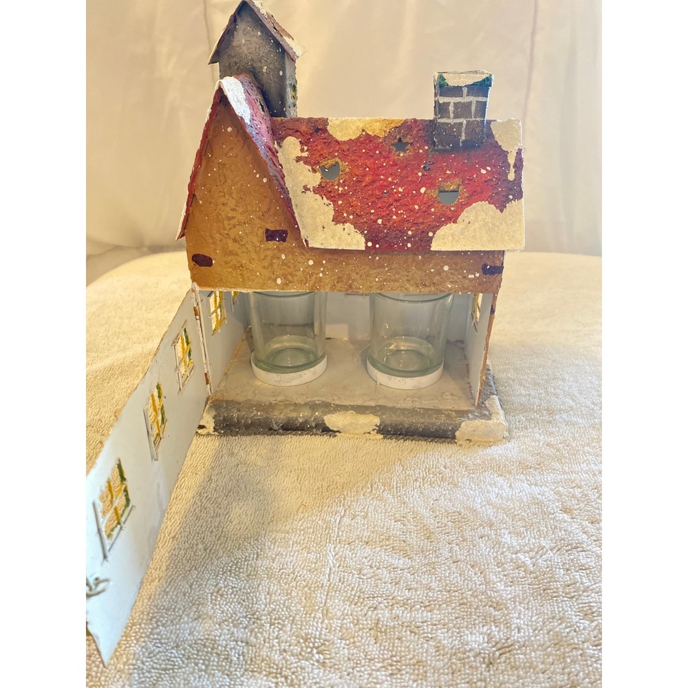 Vintage Tin Christmas House Votive Holder Snowman Winter Village Metal Luminary - Picture 5 of 7